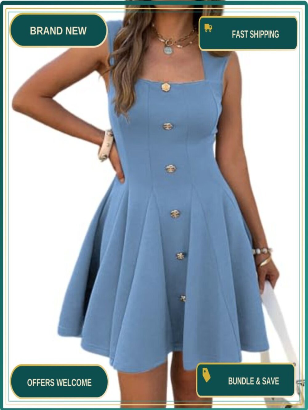 Women Sleeveless Square Neck A-Line Mini Dress with Pockets Flowy Casual Office